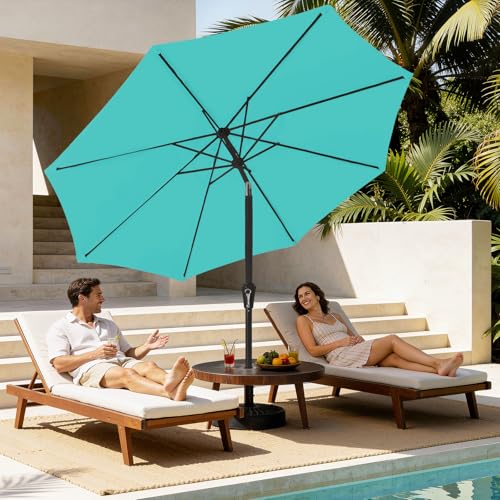 MEWAY 9ft Patio Umbrella Outdoor Table Umbrellas with Push Button Tilt and Crank, Market Umbrella 8 Sturdy Ribs for Deck, Garden, Pool and Backyard, Teal - color: Teal, size: 9ft