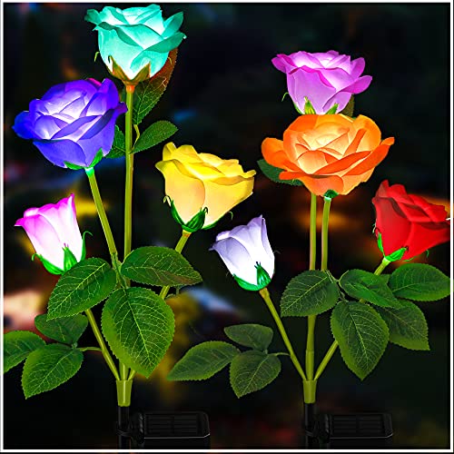TONULAX Solar Garden Lights - Upgraded Outdoor Light, 7-Color Changing Rose Lights for Yard,Garden Decoration, Enlarged Solar Panel, More Realistic Rose Flower (2 Packs) - size: 2 Pack