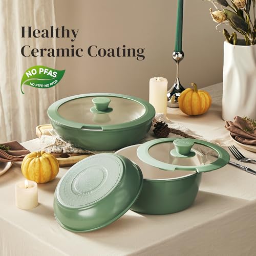 Redchef 16pcs Ceramic Pots and Pans Set Non Stick, Nonstick Ceramic Cookware Set with Detachable Handle, Non Toxic, PFAS PFOA & PTFE Free RV Cookware for Camping, Dishwasher/Oven Safe (Green) - size: 16 pcs Green