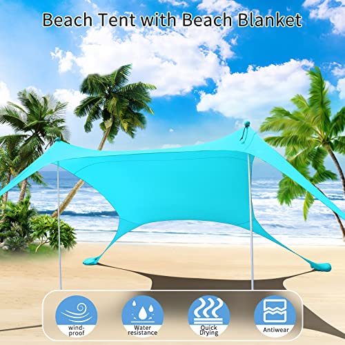 77 FT Beach Tent Sun Shelter UPF50+ UV Protection, Outdoor Canopy Tent Sun Shade with 2 Poles for Camping, Fishing, Backyard and Picnics with Sandproof Beach Blanket Blue - color: Blue