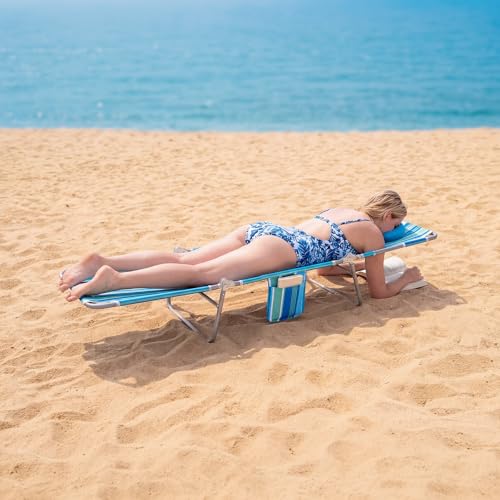 Romswi 2PK Folding Tanning Beach Chair with Face Hole, 5-Position Reclining Sun Lounger, Portable Face Down Tanning Chair with Arm Holes & Side Pocket for Beach, Pool, Patio, Teal and Aqua Stripe - color: Teal and Aqua Stripe, size: 2pcs