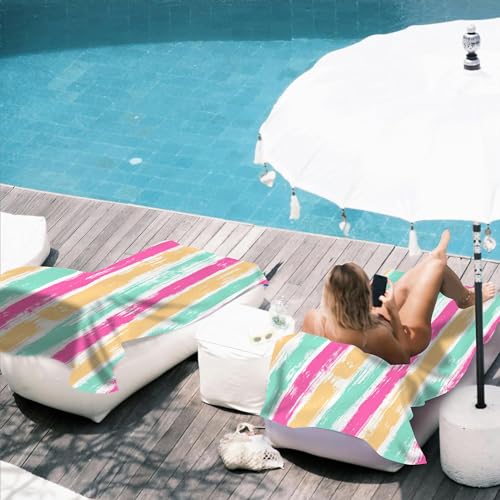 Microfiber Beach Towels,Watercolor Bohemian Yellow Green Pink Stripes Oversized Absorbent Bath Towels,Soft Quick Dry Thin Camping Towel for Adults Women Men,29.5"×59" - color: Watercolor Bohemian Yellow Green Pink Stripes