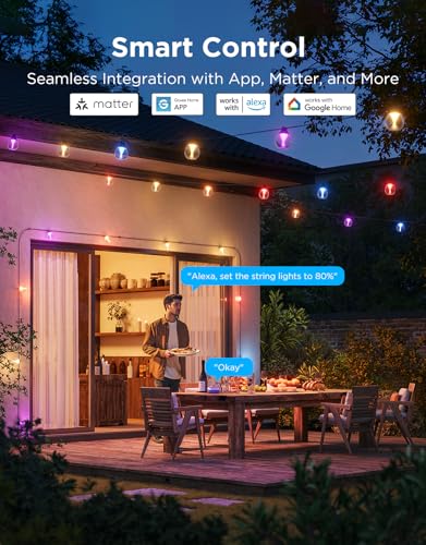 Govee Clear Bulb Outdoor String Lights 144ft, RGBWIC Smart Outdoor Lights with 45 Dimmable LED Bulbs, 111 Scene Modes, IP67 Waterproof & Shatterproof, Works with Alexa, Google & Matter for Patio - size: 144ft