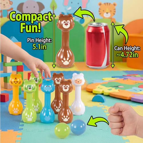 Mini Toddler Bowling Set Ages 1-5, Cute Animal Pins for First Birthday, Lightweight Indoor Montessori-Inspired Game with 10 Plastic Pins & 2 Balls, Boys Girls Toddler Gift