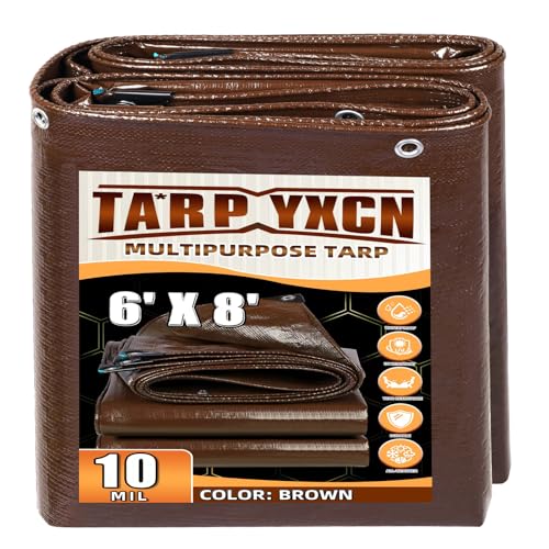 Brown Tarp 6x8 Feet, 10 Mil Thick Waterproof Poly Tarps Cover UV Resistant, Rip & Tear Proof with Metal Grommets Every 20 Inches - color: Brown, size: 6x8 Ft