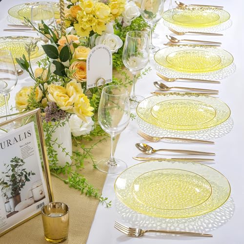 Rubtlamp 60Pcs Yellow Gold Plastic Plates, Yellow Disposable Plates With Gold Rim, Clear Heavy-duty Party Supplies, Hammered Plastic Plates Include 30 Dessert Platos, 30 Dinner Platos for Party - color: Clear Yellow Gold