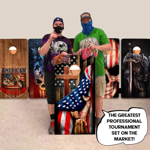 CornholeGamesUSA Pro Cornhole Boards Set | Made in USA | 3/4 Baltic Birch | No Bounce | Triple Thick Legs | Two Brace & Handles, Tournament 2x4 Regulation Set with Score Tower & Cornhole Bags - color: Cross Flag Hand