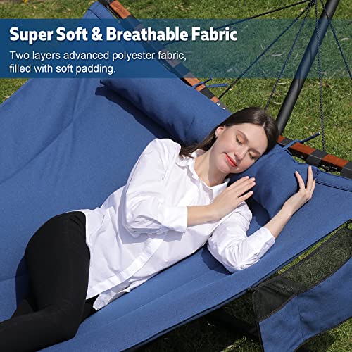 TegerDeger 12FT 2 Person Hammock with Stand Included 55 x 79IN Large Hammock 450LB Capacity with Hardwood Spreader Bar & Nylon Rope for Outside, Patio, Garden, Backyard, Beach - Deep Blue - color: Blue