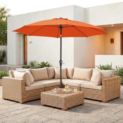 JEAREY 9FT Outdoor Patio Umbrella,Market Table Umbrella with 8 Fiberglass Ribs, Pool Umbrella with Tilt and Crank, UV Protection Lightweight & Wind-Resistant for Lawn, Garden, Deck and Backyard, Orange - color: Orange