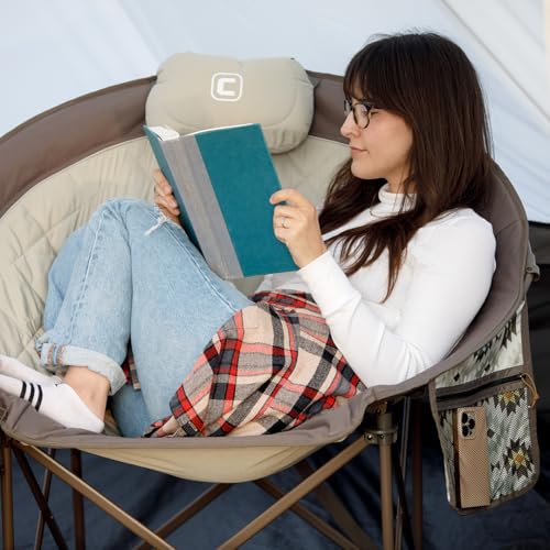 CORE Oversized Papasan Saucer Chair | Foldable Moon Lounge Chair with Cupholder & Storage Pocket for Indoor Home or Outdoor Camping | Perfect for Concert Seat, Sports, Beach, Travel & Picnic - color: Mocha Latte
