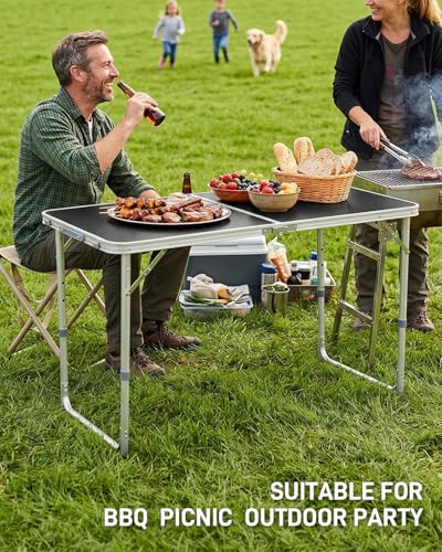 Outvita 4ft Portable Folding Camping Table, Outdoor Waterproof Adjustable Height Table, Aluminum Lightweight Suitcase Foldable Table for Picnic BBQ Beach Dining - color: Black, size: 47*24*28