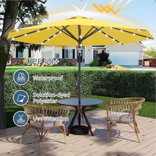 9FT Patio Umbrella with Solar Lights,Outdoor Market Umbrella with Tilt and Crank, LED Lighted Table Umbrella for Garden,Deck,Backyard,Pool,Beach (Yellow) - color: Yellow