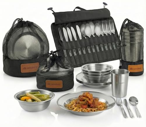 Wealers Unique Complete Messware Kit Polished Stainless Steel Dishes Set| Tableware| Dinnerware| Camping| Buffet| Includes - Cups | Plates| Bowls| Cutlery| Comes in Mesh Bags (4 Person Set) - color: Black