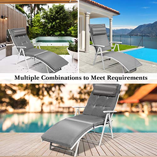 Tangkula Outdoor Folding Chaise Lounge Chair, Lightweight Recliner Chair w/ 7 Adjustable Backrest Positions, Patio Reclining Beach w/Removable Cushion & Pillow for Patio Poolside No Assembly Required - color: Grey
