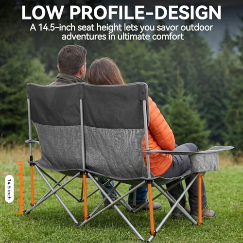 Huskfirm Low Camping Chair Lightweight Double Camping Chair Heavy Duty 2 Person Camping Chair with Cup Holders Padded High Back Camping Loveseat Supports 500 LBS-Grey