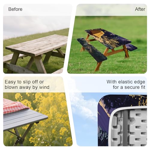 ANNA QUEEN Camping Adventure 6FT Picnic Table Cover with Bench Covers Set of 3 with Drawstring Bag, Forest Tent Scene 72"x30" Waterproof Picnic Tablecloth & Bench Covers for Outdoor Dining - color: #52