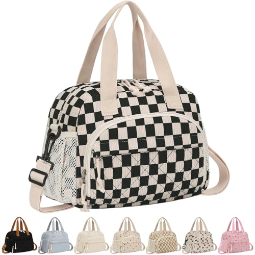 ELONGRIVER Corduroy Insulated Lunch Bag for Women Teen Girls, Portable Adult Lunch Box, Reusable Tote Cooler Bags, Lightweight Womens Lunch Bags with Front Pockets Work Picnic Travel, Black Checkered - color: Black Checkered