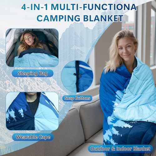 Camping Blanket Waterproof, Packable Down Alternative Puffy Printed Camp Blankets Ultra Warm Lightweight Hammock Top Quilt Outdoor Blanket for Travel Picnic Stadium Hiking Party Cold Weather 55"x78.8" - color: Blue Mountain Blanket