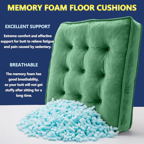 1 MIDDLE ONE Floor Pillow Set of 2, Memory Foam Meditation Cushion, Floor Cushions for Adults Sitting, Large Square Seat Cushions for Yoga, Living Room, 20x20 Inch (Green) - color: Green, size: 20x20 Inch(Pack of 2)