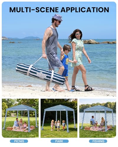Qipi Beach Cabanas for Sand, Beach Canopy with Sandbags & Side Wall for Family, Easy Set Up Sun Shelter, UPF 50+ UV Protection with Roof Vent - color: 8' x 8' Sailor Stripes Dual-Fold