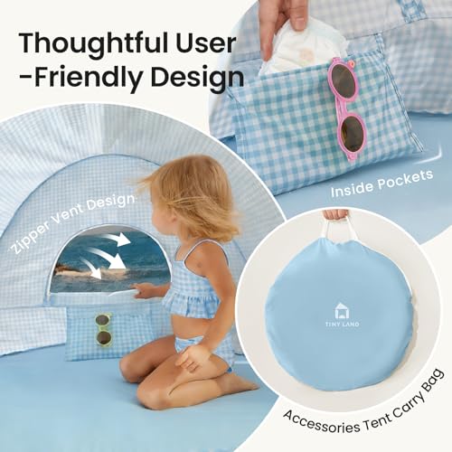 Tiny Land Baby Beach Tent – Pop Up Baby Tent with UV Protection, Portable Baby Beach Essentials, 35.4"x27.6"x31.5" Sun Shelter for Infants, Baby Summer Outdoor Use (Light Blue Gingham) - color: Light Blue Gingham