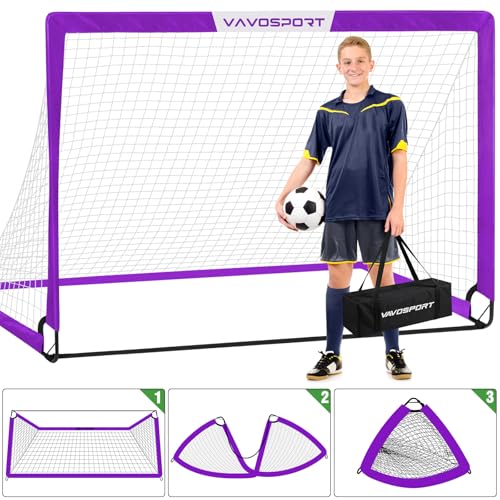 VAVOSPORT Soccer Goal, 2 of 6'x4' Kids Soccer Goals for Backyard Set, Portable Pop Up Soccer Net, Practice Soccer Training Equipment with Ball, Cones for Toddler,Youth Sports Outdoor Games Yard Play - color: Purple