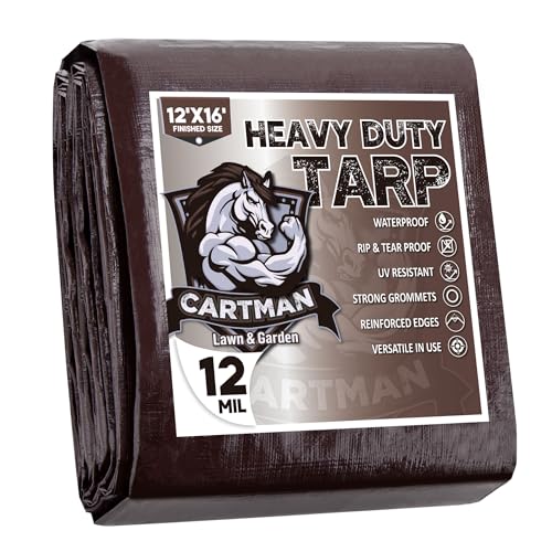 CARTMAN Finished Size 12x16 Feet Extra Thick 12 Mil Heavy Duty Poly Tarp, Multipurpose Protective Cover, UV Resistant, Waterproof Poly Tarpaulin with Reinforced Edges - color: Brown/Black 12mil, size: 12'×16'