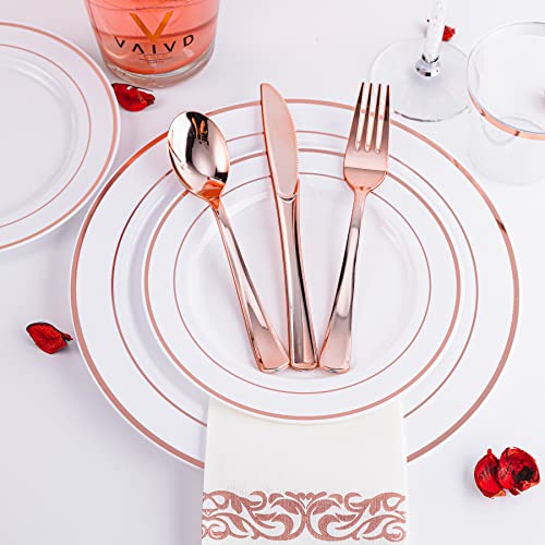 N9R 300PCS Rose Gold Plastic Silverware, Heavy Duty Plastic Cutlery Set, Disposable Rose Gold Utensils Include 100 Forks, 100 Spoons, 100 Knives, Perfect for Party Decorations - color: Rose Gold-300Pack