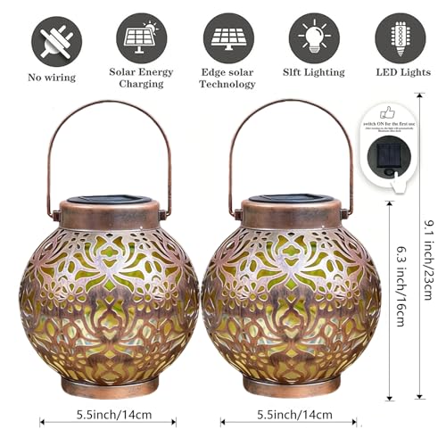 2 Pack Solar Lanterns Outdoor Gifts, IP44 Waterproof Hanging Solar Lights Decor Lamp for Garden, Patio, Pathway, Yard, Porch (Vintage Bronze Flower) - color: Vintage Bronze Flower