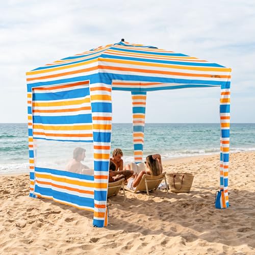 UPWELL Beach Tent Easy Set Up Canopy Sun Shelter Shade with UPF 50+UV Protection Portable Beach Umbrella Outdoor Sunwall with Sand Pockets for Fishing Backyard Camping(Mint Sorbet) - color: Sunset Stripe