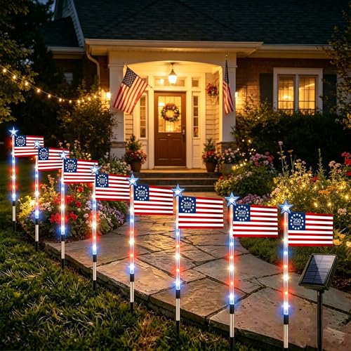 8 Pack Solar American Flag Pathway Lights - Patriotic Red White Blue Outdoor Stake Waterproof LED Lights with 8 Modes, Decorations 4th of July Memorial Day & Independence Day Yard Garden (Style B) - color: Style B