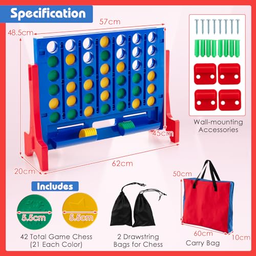 COSTWAY Giant 4-in-a-Row Game with Storage Carry Bag, Jumbo 4-to-Score Game with Chess, Quick Release Slider for Kids Adults, Indoor Outdoor Backyard Game Set, Free-Standing/Wall-mounting (Blue) - color: Blue