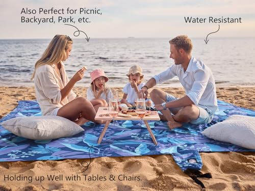 WEKAPO Beach Blanket Waterproof Sandproof Oversized, Extra Large Beach Mat Sand Free, Lightweight & Compact Sand Free Mat with 5 Stakes & 4 Corner Pockets - color: Blue Leaf, size: 8 x 7 FT (1～4 person)