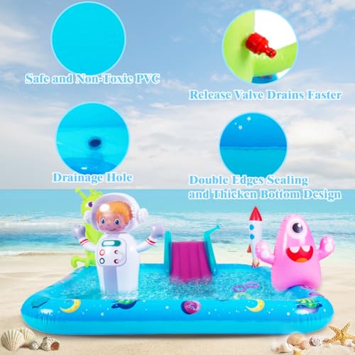 Inflatable Play Center Pool with Slide, Space Astronaut Square Kiddie Pool, 94.5" Square Outdoor Water Play Center with Sprinkler & Ring Toss for Summer Outdoor, Garden/Backyard Fun - size: 94.5"