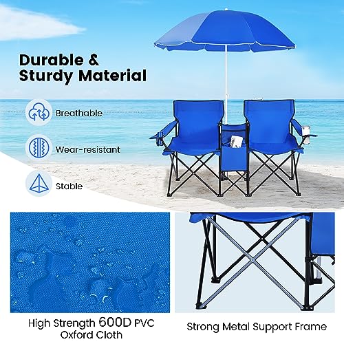 Double Camping Chair, 2-Person Portable Beach Chair w/Removable Umbrella, Cup Holders & Carrying Bag, Folding Loveseat Chairs for Adults Outdoor Picnic (Blue) - color: Blue