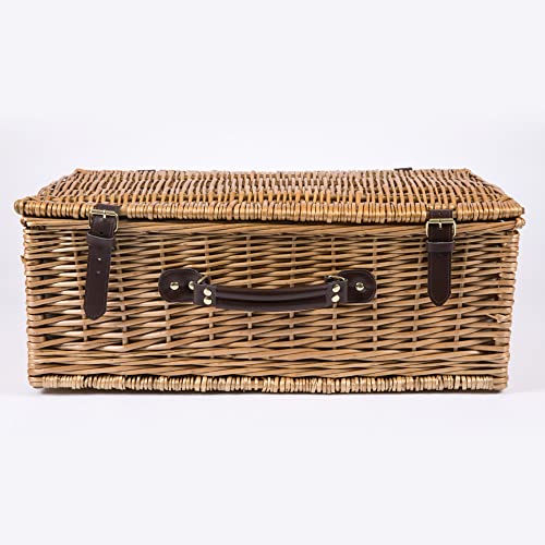 PICNIC TIME Newbury Picnic Basket for 4, Romantic English-Style Wooden Wicker Basket with Deluxe Service for 4, Fully-lined Interior, Leatherette Lid-locking Buckle, and Flat-lid Design, (Navy Blue)