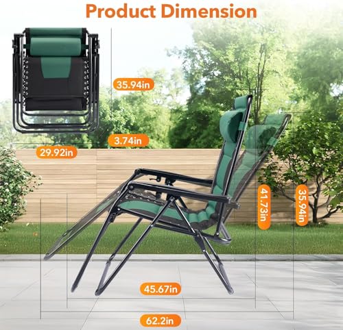 Simple Deluxe Relaxing Recliners Patio Chairs Adjustable Steel Mesh Zero Gravity Lounge Chair Beach Chairs with Pillow and Cup Holder, Black Green - color: Black Green, size: 62.2"(L) x 29.13"(W) x 41.73"(H)