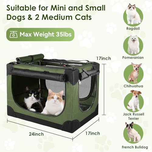 Soft Small Dog Crate - 24 inch Portable Travel Puppy Crate for Small Pets or 2 Cats, Collapsible Pet Carrier with 4 Mesh Doors, Car Kennel for Dogs with Handle for Indoor and Outdoor, Green - color: Army Green