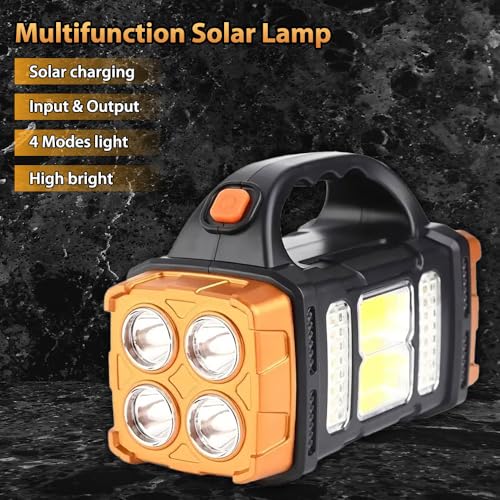 IFTHFOUR High Lumens Solar Flashlight - LED Work Light with USB-C Rechargeable, Waterproof, Multi-Function Flashlight & Lantern for Camping, Emergencies, and Outdoor - color: Golden