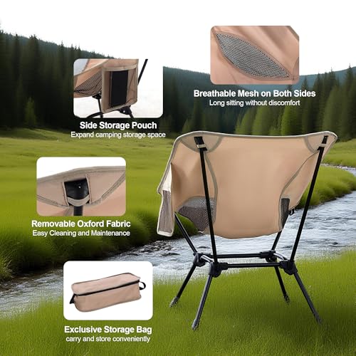 Camping Chair Portable Lightweight Camping Chairs for Adults Foldable 600D Oxford Ultralight Backpacking Chair with Breathable Mesh and Pocket for Outdoor Travel Hiking,Beige - color: Beige