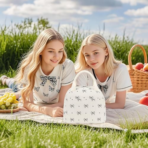 EurCross Cute Bow Tie Lunch Bag for Girls, Ivory Corduroy Insulated Lunch Bag for Two-Meal Space Perfect for School Days, Commuting, fits Bento Boxes, Round Containers, Designer Lunchboxes - color: Ivory