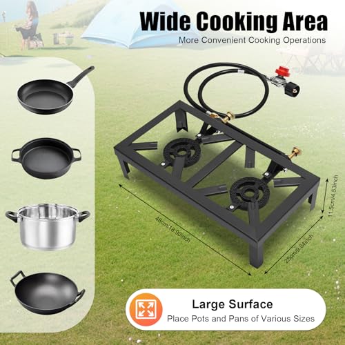 Portable Double Burner Propane Camp Stove, Cast Iron Outdoor Gas Cooker with 0–10 PSI Adjustable Regulator & Hose, 2 Burner Tabletop Stove for Camping, Tailgating, Patio Cooking