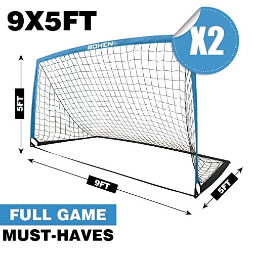 BOHEN 9x5 FT Kids Soccer Goals with Carry Bag, Portable Folding Soccer Net for Backyard Training, Indoor/Outdoor Use for Youth and Adult - color: Blue, size: 9x5ft, 2 Pack