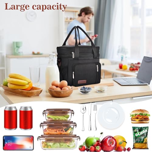 Lunch Box & Lunch Bag for Men Women, Large Insulated Adult Lunch Box Leakproof Lunchbox Cooler Bag for Work Picnic Beach,16L, Black - color: Midnight Black