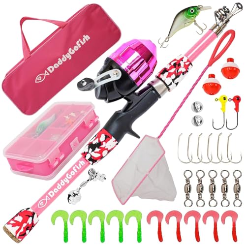 DaddyGoFish Kids Fishing Pole - Rod Reel Combo Tackle Box Starter Set - First Year Small Gear Kit for Boys Girls Toddler Youth Age Beginner Little Children - color: Pink (Essential Set), size: 5ft
