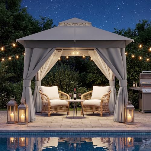 LAUSAINT HOME 8'x8' Outdoor Patio Gazebo with 50FT String Lights, Heavy Duty Party Tent & Shelter with Double Roofs, Mosquito Nettings and Privacy Screens for Backyard, Garden, Deck (Grey) - color: Gray, size: 8'x8' with lights