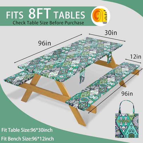 Fitted Waterproof Picnic Table Cover with Bench Covers Elastic 96×30In 3 Piece Camping Table Cloth for 8Ft Rectangle Tables Outdoor Camper Gifts Supplies Patio Rv Traveling Hiking Must Haves - color: Green Bohemian, size: 96" x 30" (Rectangular)