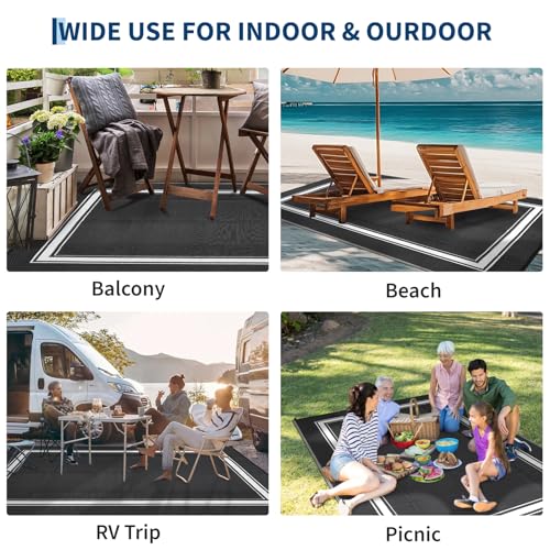 GarveeHome Outdoor Rug for Patio Clearance 9x12 Reversible Outdoor Plastic Straw Rugs Bordered Patio Rug Indoor Outdoor Carpet RV Mat for Deck Backyard Patio RV Camping Beach, Black - color: Border|black, size: 9' x 12' (Rectangular)