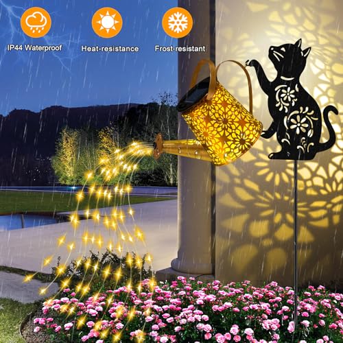 Solar Lights Outdoor Decorative, Watering Can with Cascading Lights, with Cat Silhouette Garden Stakes, Gifts for Mom Women, Waterproof Metal Garden Decor for Yard Art, Outside, Patio, Lawn Ornaments - color: Cat 1 Pack