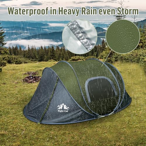Night Cat Pop-up Camping Tent: 2 Person Tent Waterproof Instant Easy Setup Family Tent - color: Army Green, size: 2 Persons (9.5x6.6x4 ft)